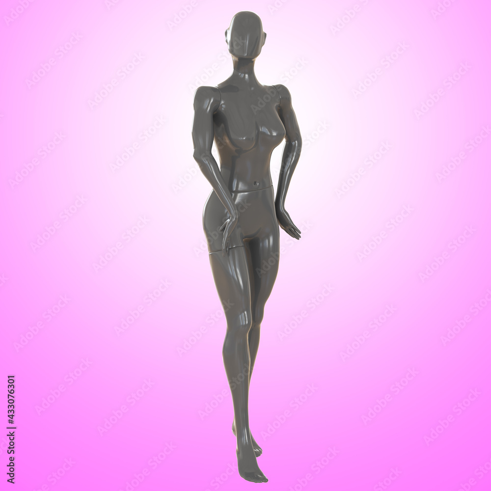 A gray female faceless mannequin stands with twisted hands near her hips against a pink backlit background. 3d rendering A gray female faceless mannequin stands with twisted hands near her hips against a pink backlit background. 3d rendering