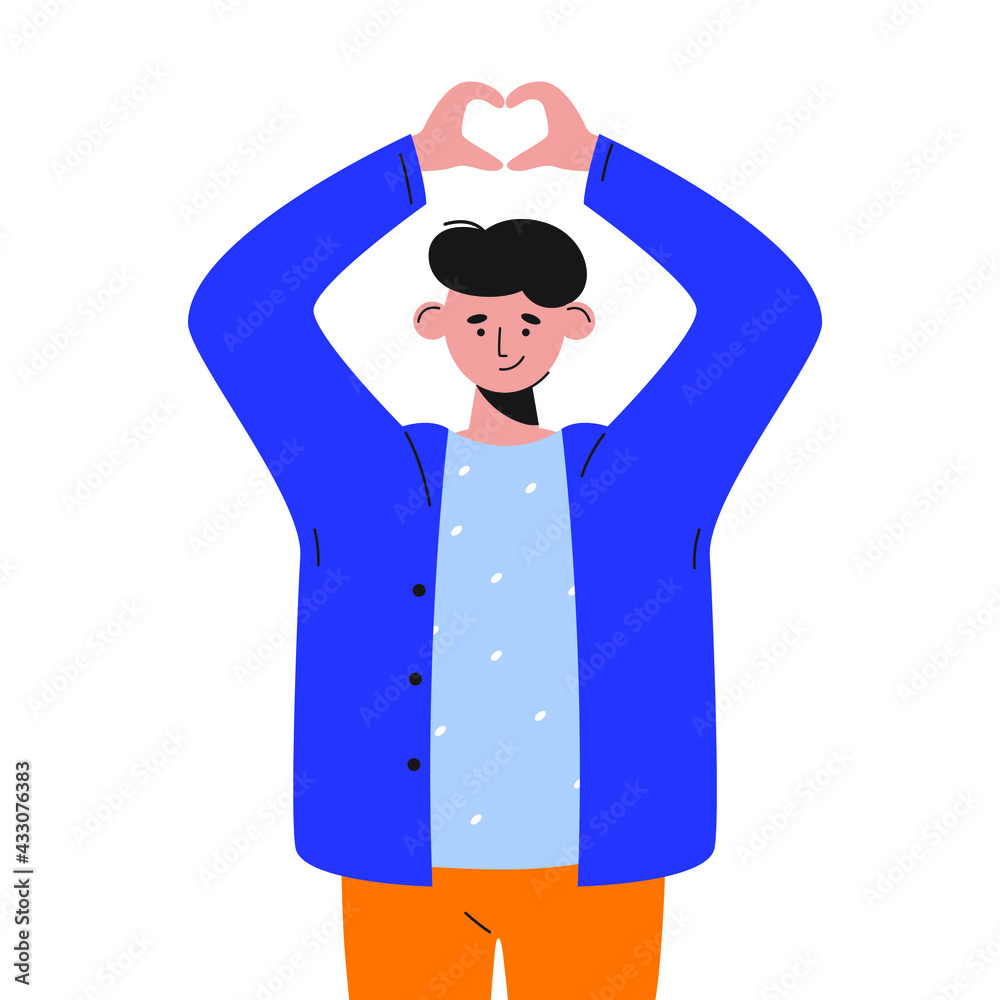 Happy man showing  hand heart with gesture. Colored flat vector illustration isolated on white background