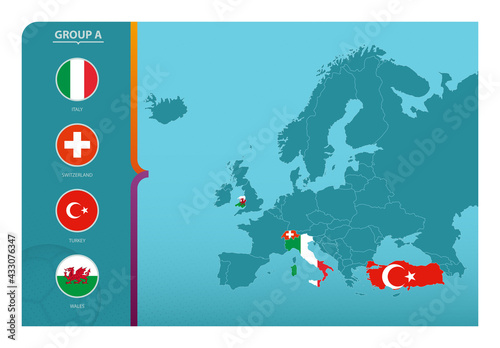 Map of Europe with marked maps of countries participating in group A of the European football tournament 2020.