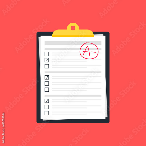A examination result grade sign isolated on red background. Vector illustration. Test. © PandaStockArt