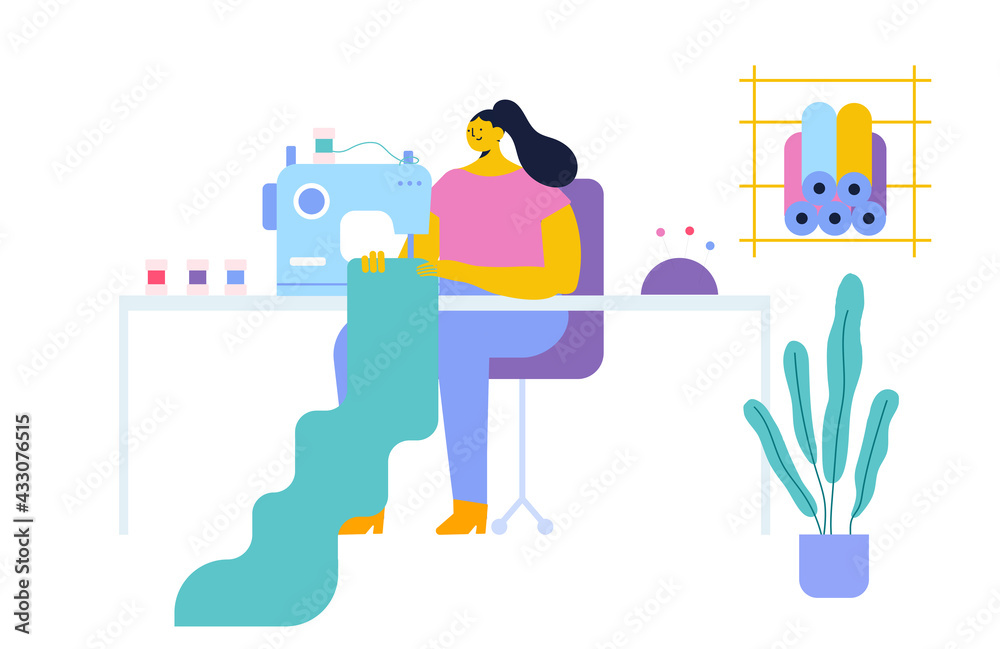 Young woman using a power sewing machine. Tailor with a seamstress mannequin. Isolated flat illustration