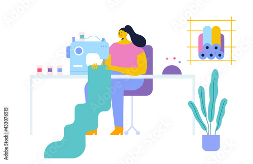 Young woman using a power sewing machine. Tailor with a seamstress mannequin. Isolated flat illustration