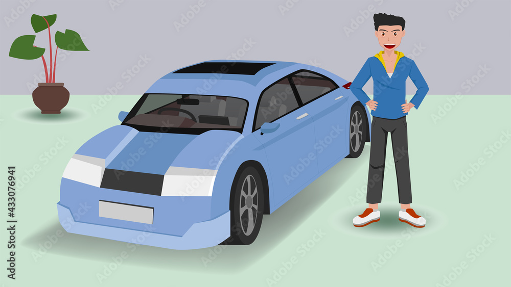 Smiling happy car buyer male character showing new car. With both hands on the waist. Vector flat cartoon illustration. Smiling happy car buyer male character showing new car. With both hands on the waist. Vector flat cartoon illustration.