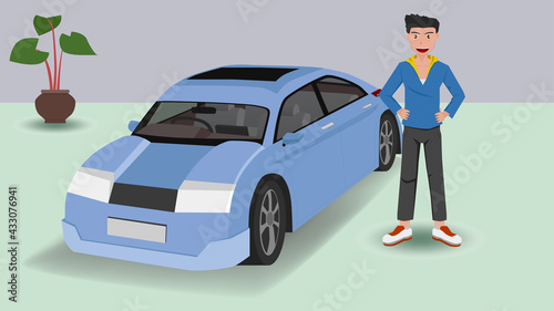 Smiling happy car buyer male character showing new car. With both hands on the waist. Vector flat cartoon illustration.