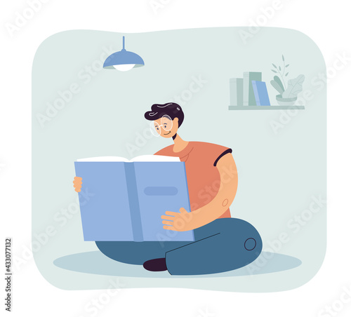 Man in glasses reading giant book in room. Male cartoon character studying or studying at home flat vector illustration. Education, university concept for banner, website design or landing web page