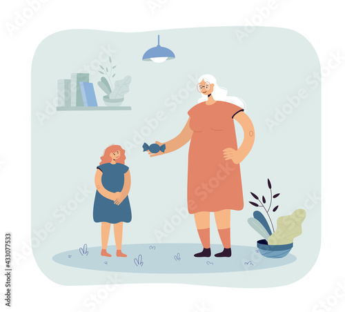 Grandmother mother giving candy to daughter. Female cartoon character rewarding child with sweets flat vector illustration. Family concept for banner, website design or landing web page