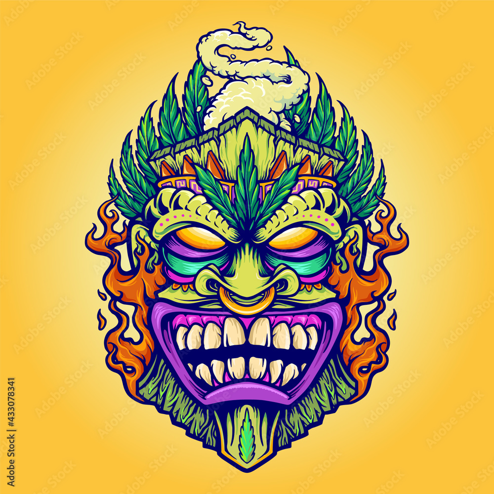 Tiki Marijuana Leaf and Cloud Vape Vector illustrations for your work Logo, mascot merchandise t-shirt, stickers and Label designs, poster, greeting cards advertising business company or brands.