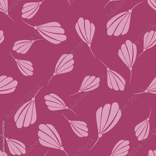 Decorative doodle seamless pattern with simple bud flowers ornament. Pink random floral backdrop.