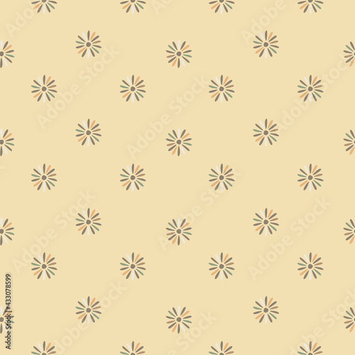 Nature botany seamless pattern with little eometric ditsy print. grey flowers on beige background.