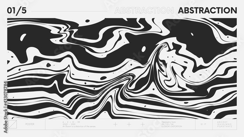 Abstract modern geometric banner with simple shapes in black and white colors, graphic composition design vector background, flowing paint stains, monochrome gasoline streaks or marble pattern