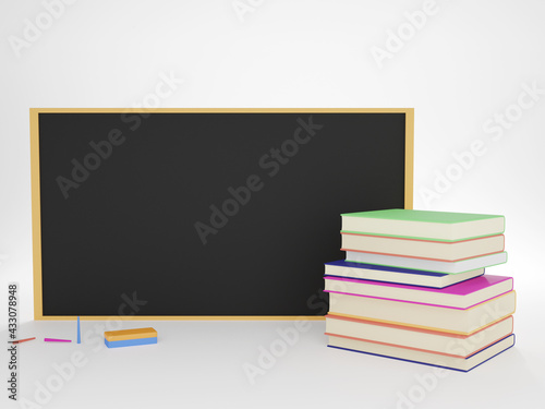 A pile of books with blackboard and chalk. 3d illustration rendered on white background