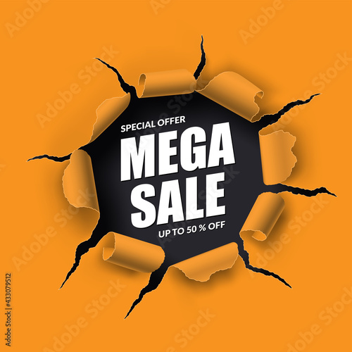 Mega Sale banner in the form of torn hole with ripped edges in the sheet of paper. Vector background with place for text