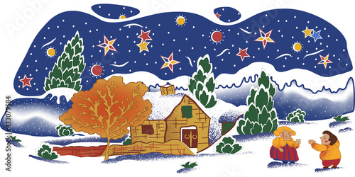 Winter night in the village. Drawing of a village courtyard in the snow and starry sky