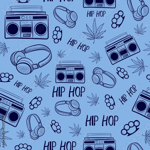 Vintage seamless pattern with retro and hip hop music elements sketches. Repetitive background with radio, cassette, brass knuckles and marijuana leaf. Vector art with ghetto and hiphop devices.
