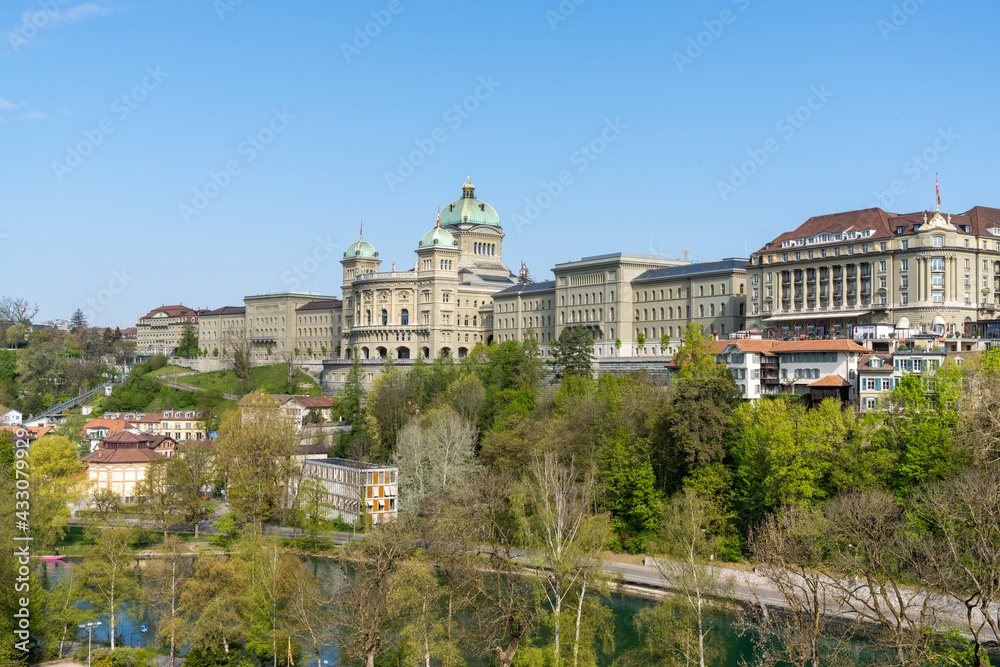 a view of the Swiss parliament building or Bundeshaus in Bern