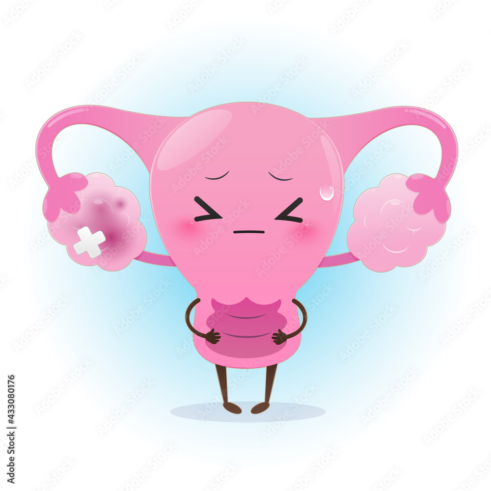 Obraz premium Illustration uterus & inflamed ovary against a blue and white background. Vector cute style cartoon character illustration for applications & medical website. The concept of prevent cervical cancer.