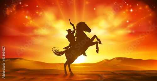 Cowboy Riding Horse Silhouette Sunset Background