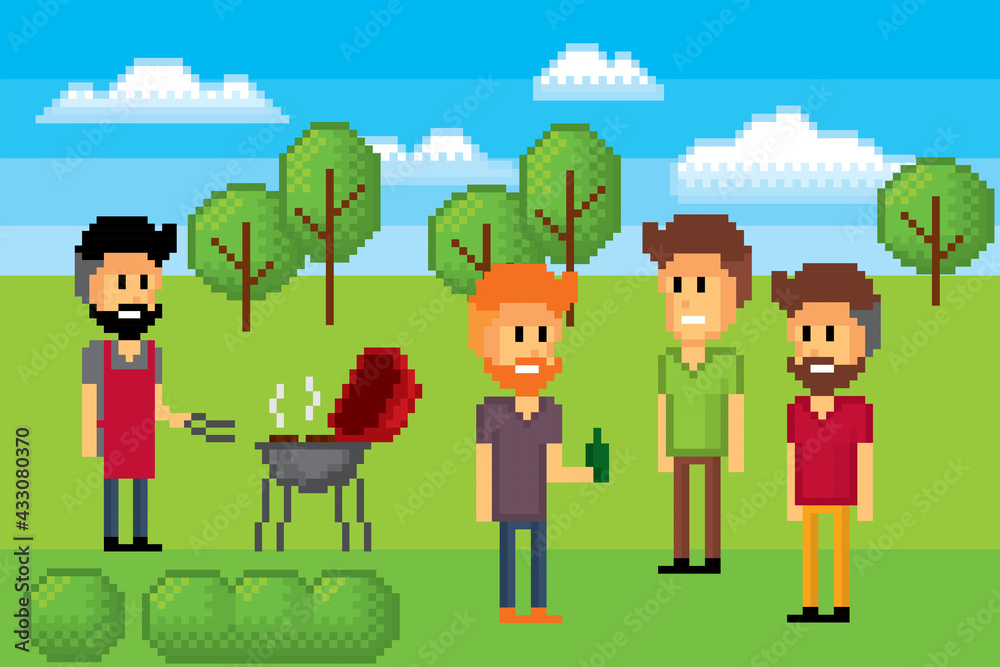BBQ party. Friends are grilling meat. Pixel icon. Pixel art. Old school computer graphic. 8 bit video game. Game assets 8-bit.