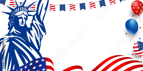 American waving flag, the statue of liberty, USA balloon, and stars, creative abstract background.
