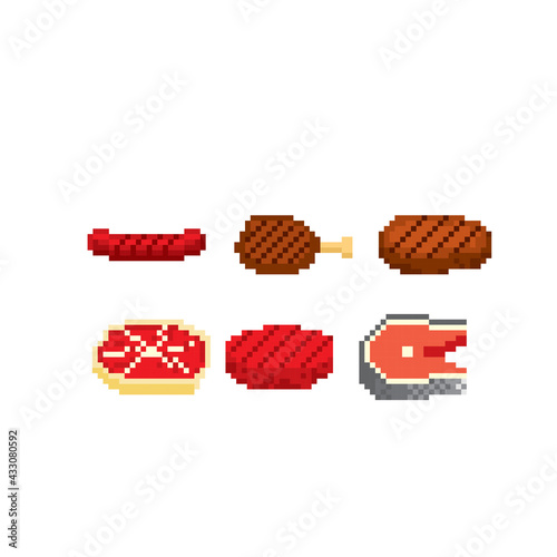 Fish, meat, chicken, beef, pork, steak, sausage. BBQ meat. Pixel icon. Pixel art. Old school computer graphic. 8 bit video game. Game assets 8-bit.