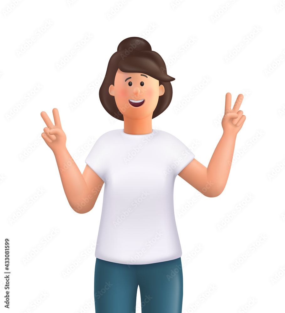 Young woman Jane showing victory fingers sign. Positive emotions with gestures - victory symbol, peace hand. 3d vector people character illustration. Young woman Jane showing victory fingers sign. Positive emotions with gestures - victory symbol, peace hand. 3d vector people character illustration.
