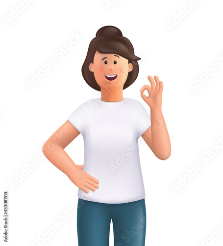 Young woman Jane showing Ok sign . Positive emotions with gestures. 3d vector people character illustration.