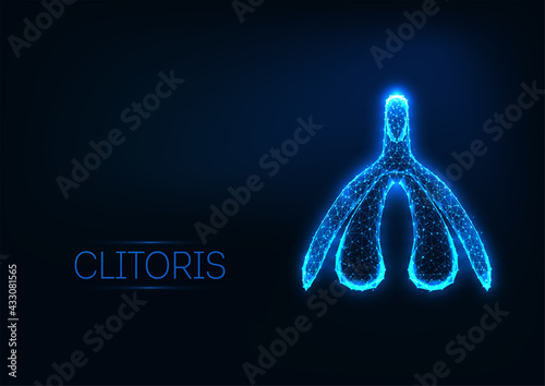 Futuristic glowing low polygonal female organ clitoris isolated on dark blue