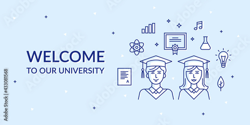 Vector banner or flyer for educational institutions. Set of linear symbols of study. Welcome to the university. Concept for an Open Day. Icons of a girl and a boy student in hats and gowns.