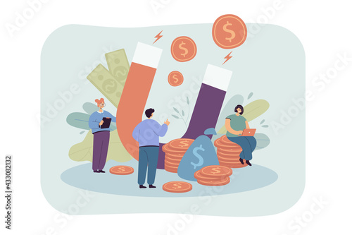 Tiny people attracting and saving money with giant magnet. Flat vector illustration. Fast cash loan for entrepreneurs online, increasing profits and income. Wealth, business, financial energy concept