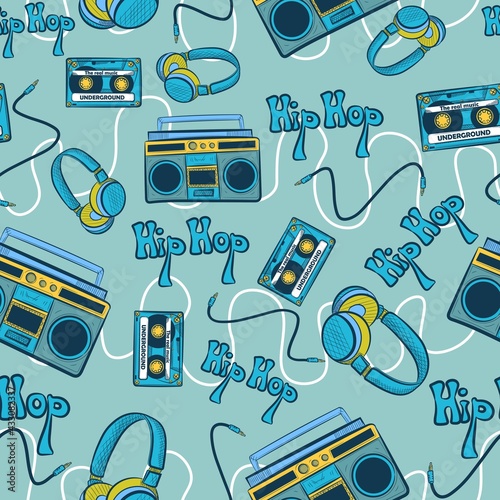 Blue hiphop seamless pattern with recorders, cassettes, headphones and cables. Repetitive background with hip hop underground culture elements. 1990 conceptual art repeat vector with dance and music 