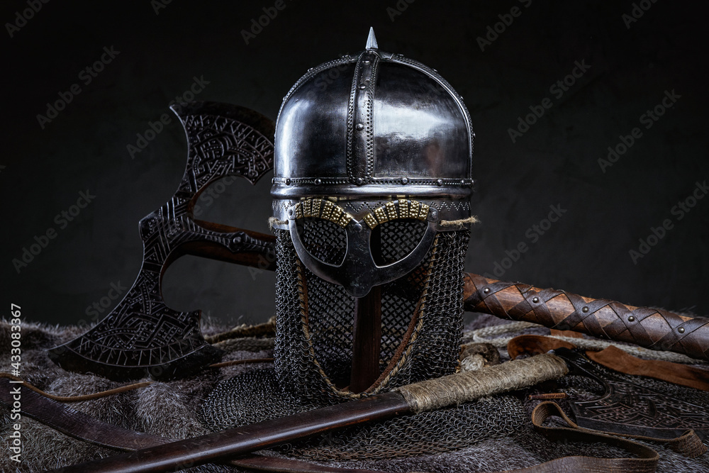 Iron antique helmet with fur and axe