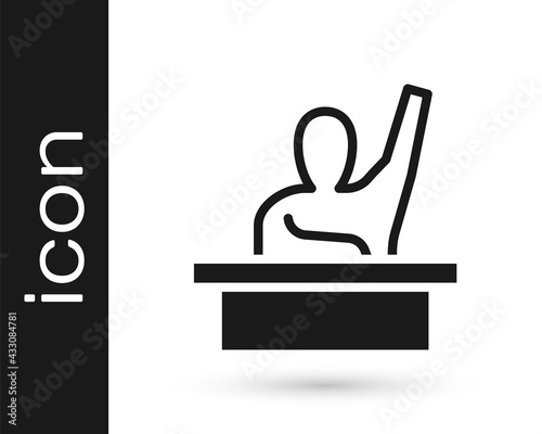 Black Active male kid raising hand answering to teacher question icon isolated on white background. An elementary student raises his hand. Vector