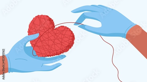 Illustration with medical, assistance, support, home help, nursing, care concept. Two helping hands make a heart-shaped ball of yarn. Gentle treatment for patients and love for work in the healthcare.
