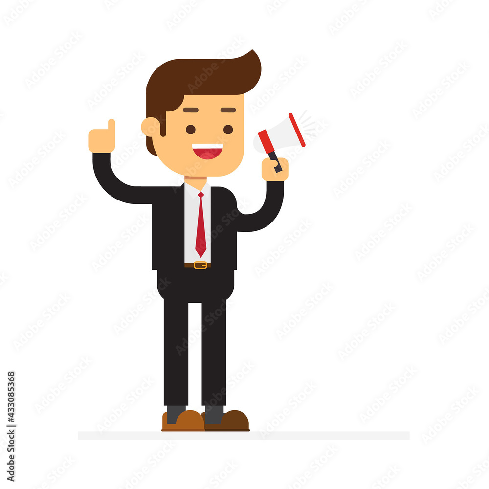 Businessman yelling to the speaker Businessman yelling to the speaker