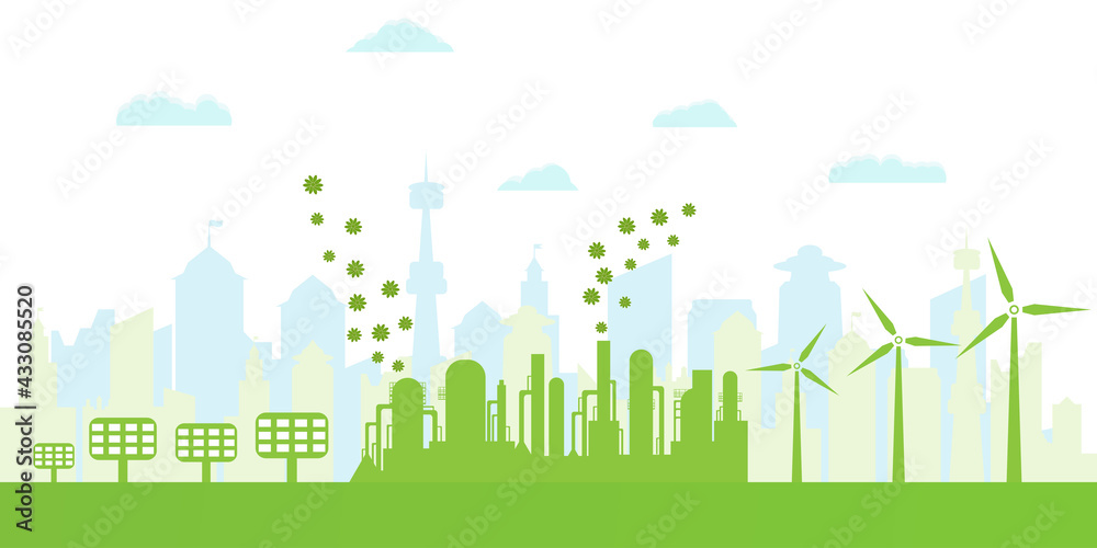Silhouette of eco city. Environmentally friendly production. Green energy with wind energy and solar panels. Concept of environment conservation.