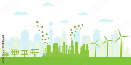 Silhouette of eco city. Environmentally friendly production. Green energy with wind energy and solar panels. Concept of environment conservation.