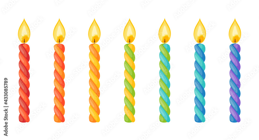 Birthday cake candles with flame. Twisted wax sticks with burning wick isolated on white background. Vector cartoon set of colored striped candles for holiday party or christmas celebration