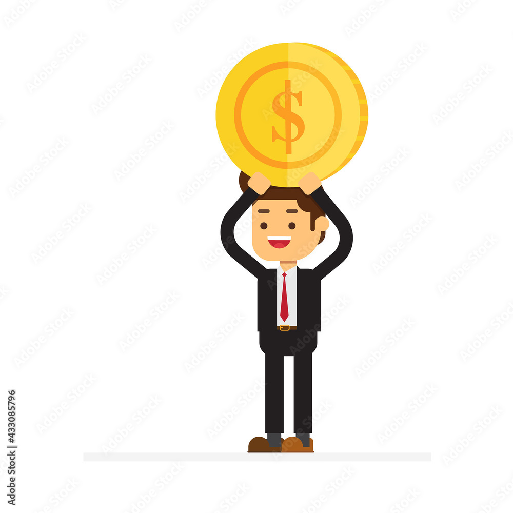 Businessman holds a gold coin over his head Businessman holds a gold coin over his head