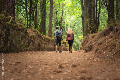 Couple walking through the forest back to back, outdoor excursion concept, day in the park couple holding hands