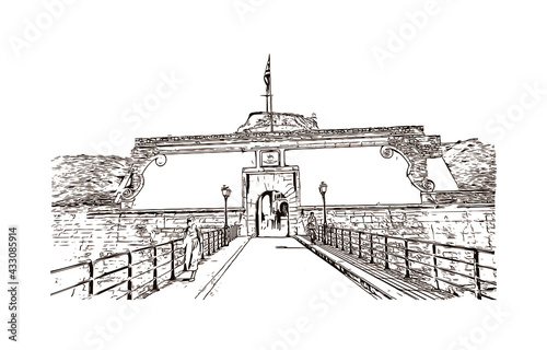 black and white bridge scene with people clip art preview