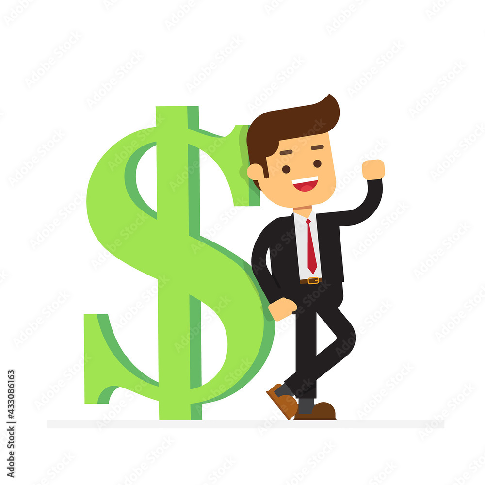Successful businessman stand about big dollar sign Successful businessman stand about big dollar sign
