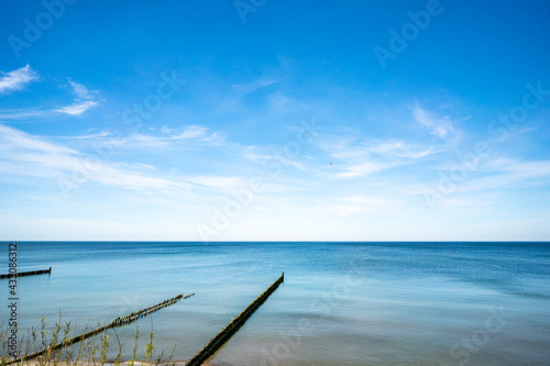 A view of the beach and a row of  breakwaters in the foreground.