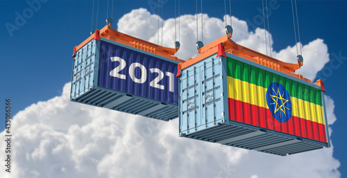 Trading 2021. Freight container with Ethiopia flag. 3D Rendering © Marius Faust