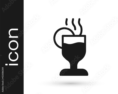 Black Mulled wine with glass of drink and ingredients icon isolated on white background. Cinnamon stick, clove, lemon slice. Vector