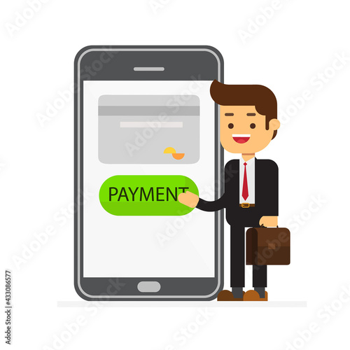 Businessman clicks on the phone button pay