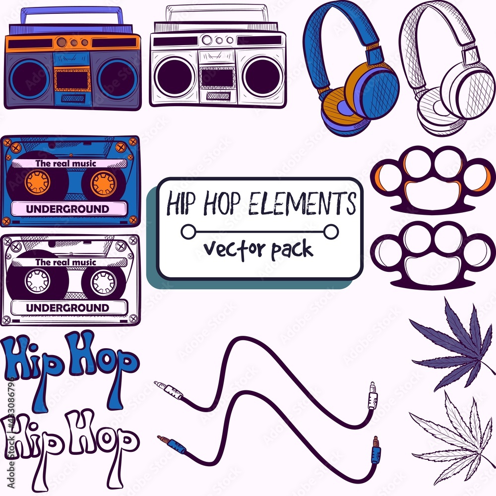 Pack with hiphop, techno, dance elements. Collection with cassette, radio,  headphones, brass knuckles, marijuana, cable and hip hop text. Vintage and  retro gadgets and music devices. Stock Vector | Adobe Stock