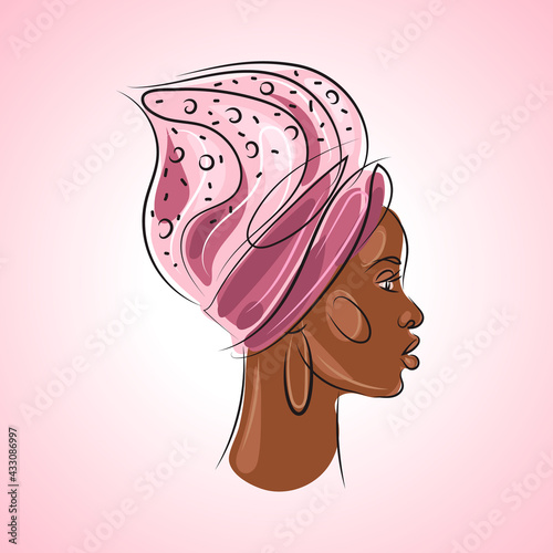 Portrait of an African woman in profile with a marshmallow pastry on her head. Creative pastry art drawing.