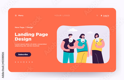 Depressed and angry people holding masks with happy faces for hiding their emotions. Vector illustration for personality, psychology, depression concept