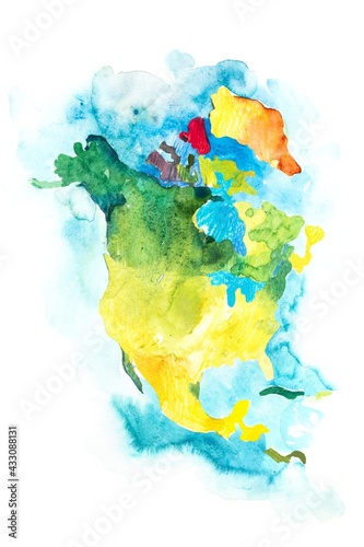 Map of North America, USA and Canada. Watercolor.