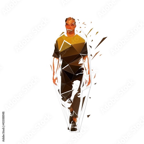 Man walking forward, low polygonal vector illustration from triangles. Front view, abstract geometric isolated vector drawing